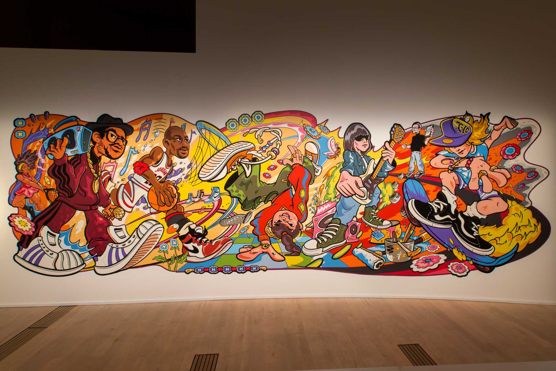 A Walk in Time mural by Tell Your Children, at Artscience Museum's exhibition, Sneakertopia: Step Into Street Culture.